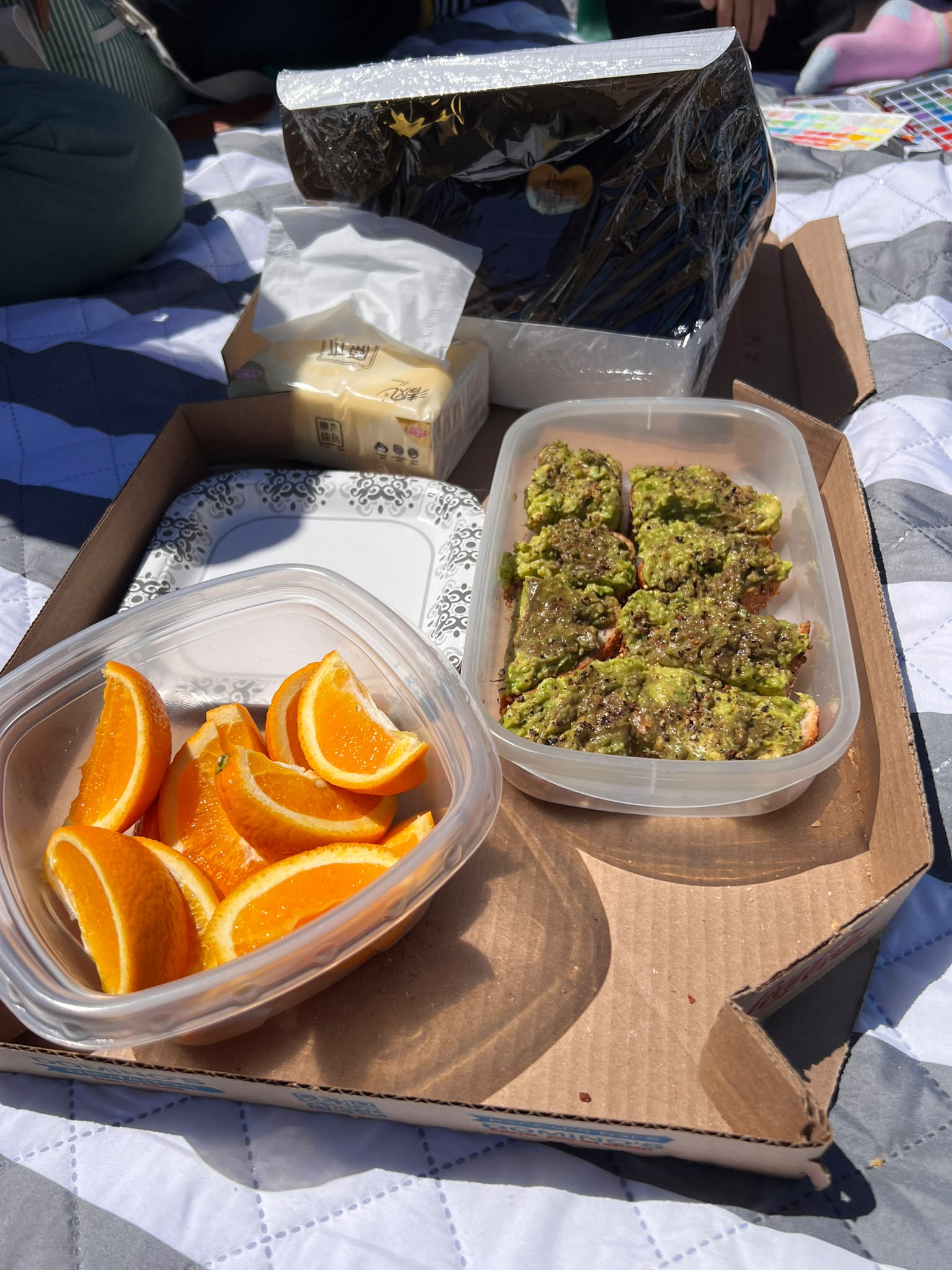 Containers of orange slices and avocado toast sit on a picnic blanket near Dingle Tower.