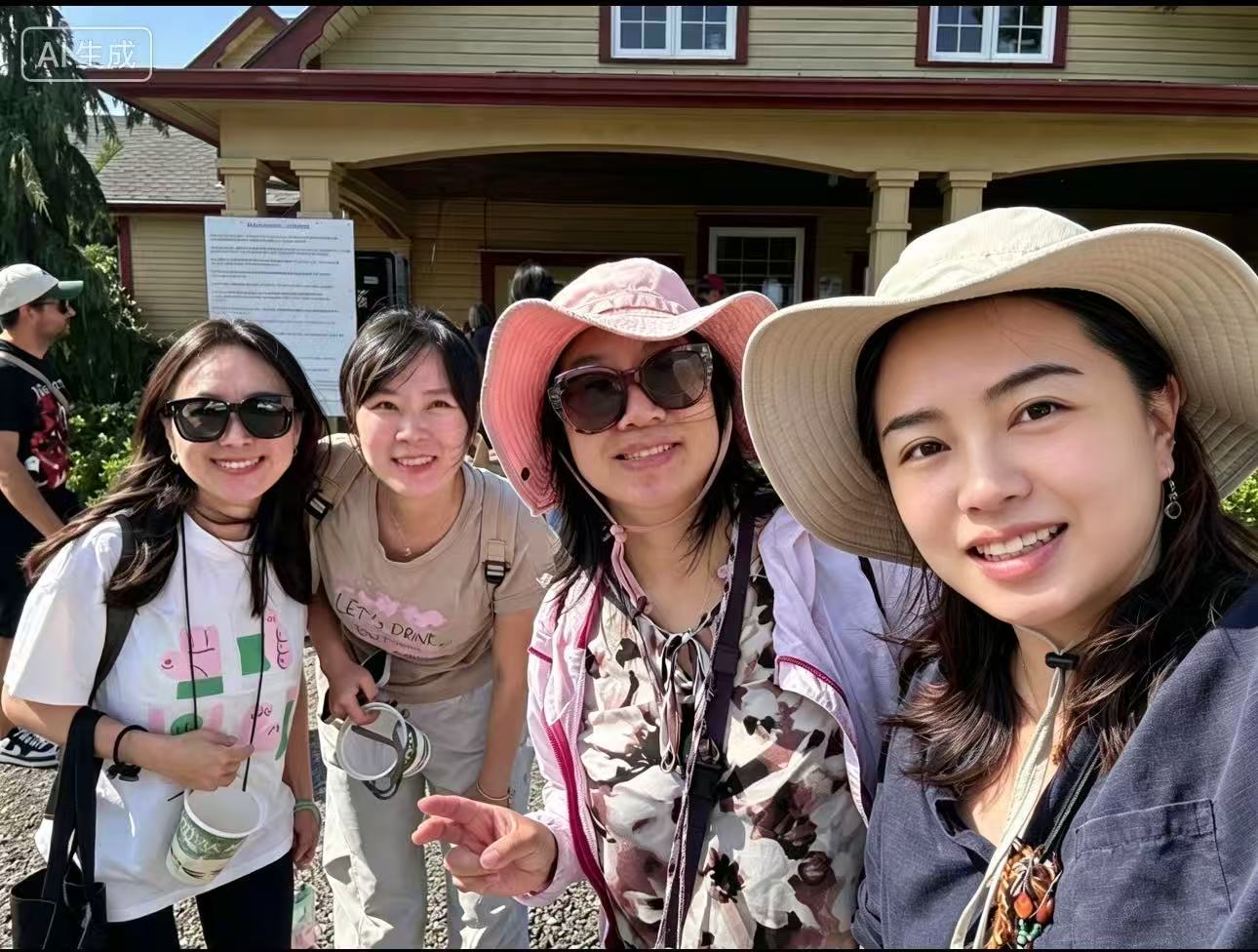 Four smiling NSCWN members in sun hats pose together in front of a farmhouse at Arirang Farm