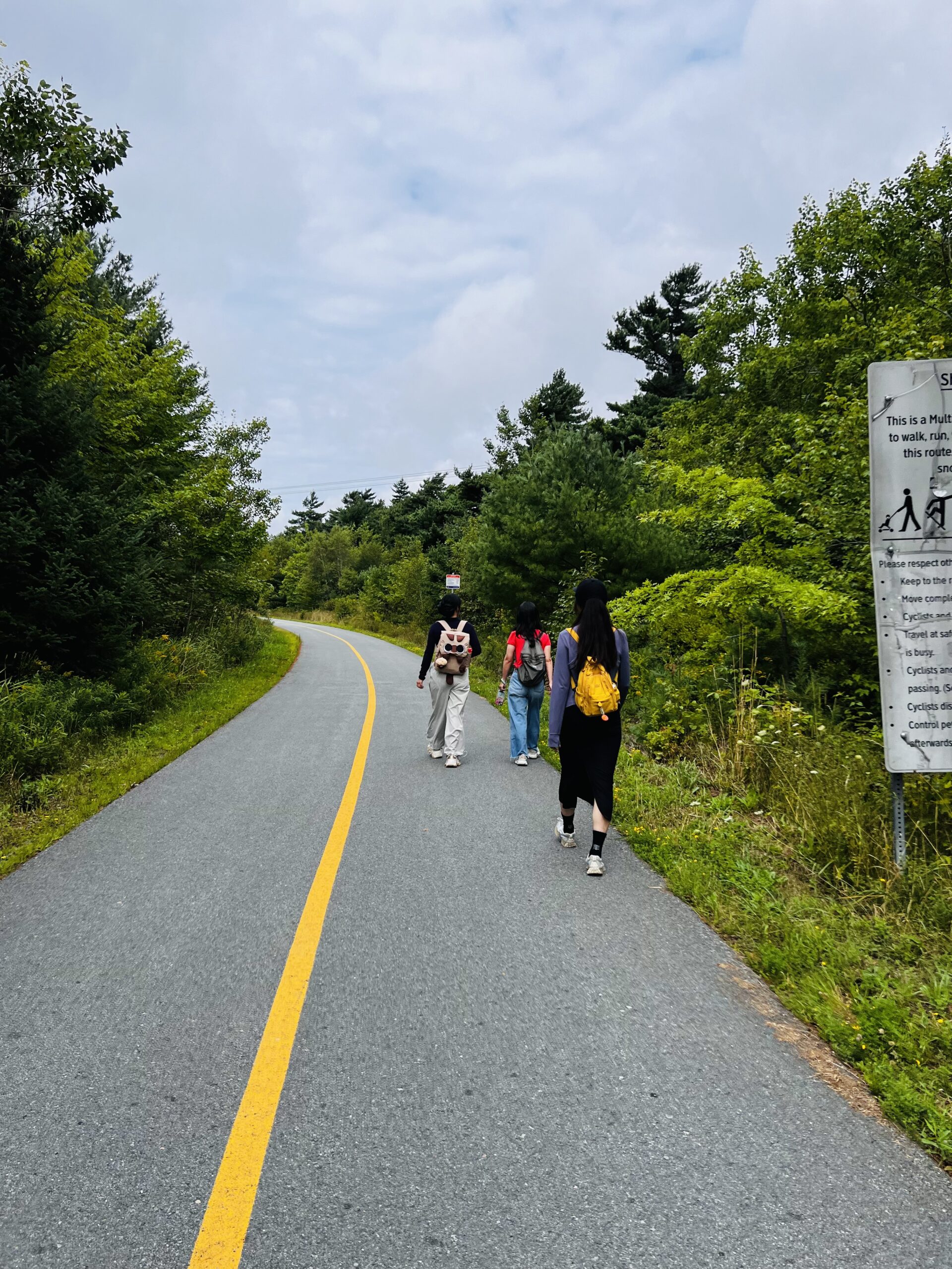Three walkers seen from behind heading down a paved trail past a trail sign.
